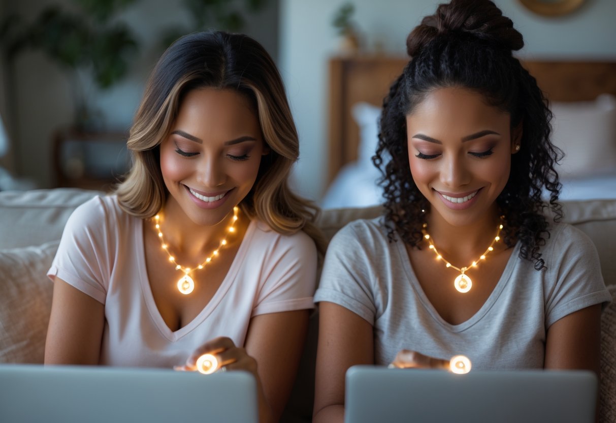 Two women in separate rooms smiling at their phones, each wearing matching jewelry that symbolizes their close friendship despite the distance.