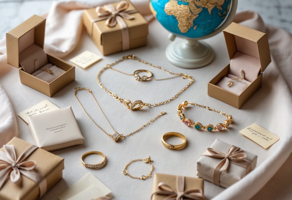 A collection of jewelry gifts arranged with gift boxes and a map in the background, symbolizing long-distance women friendships.