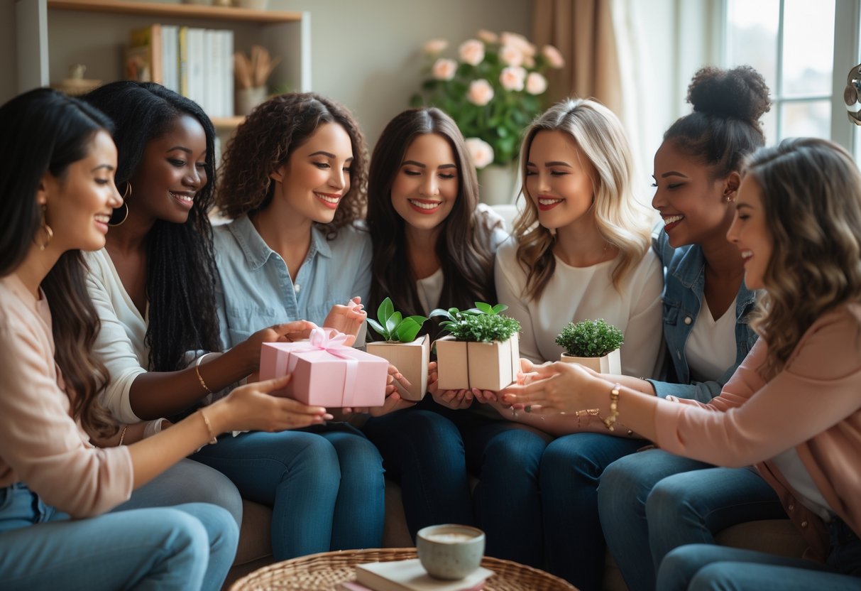 A group of female friends exchanging thoughtful gifts and embracing in a cozy living room, showing support and happiness.