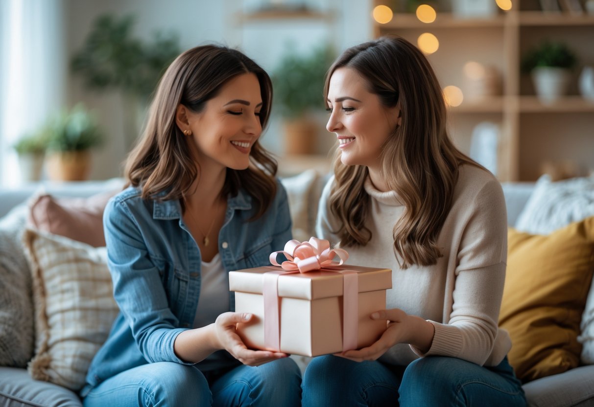 Two female friends in a cozy living room, one giving a wrapped gift to the other who looks touched and happy.