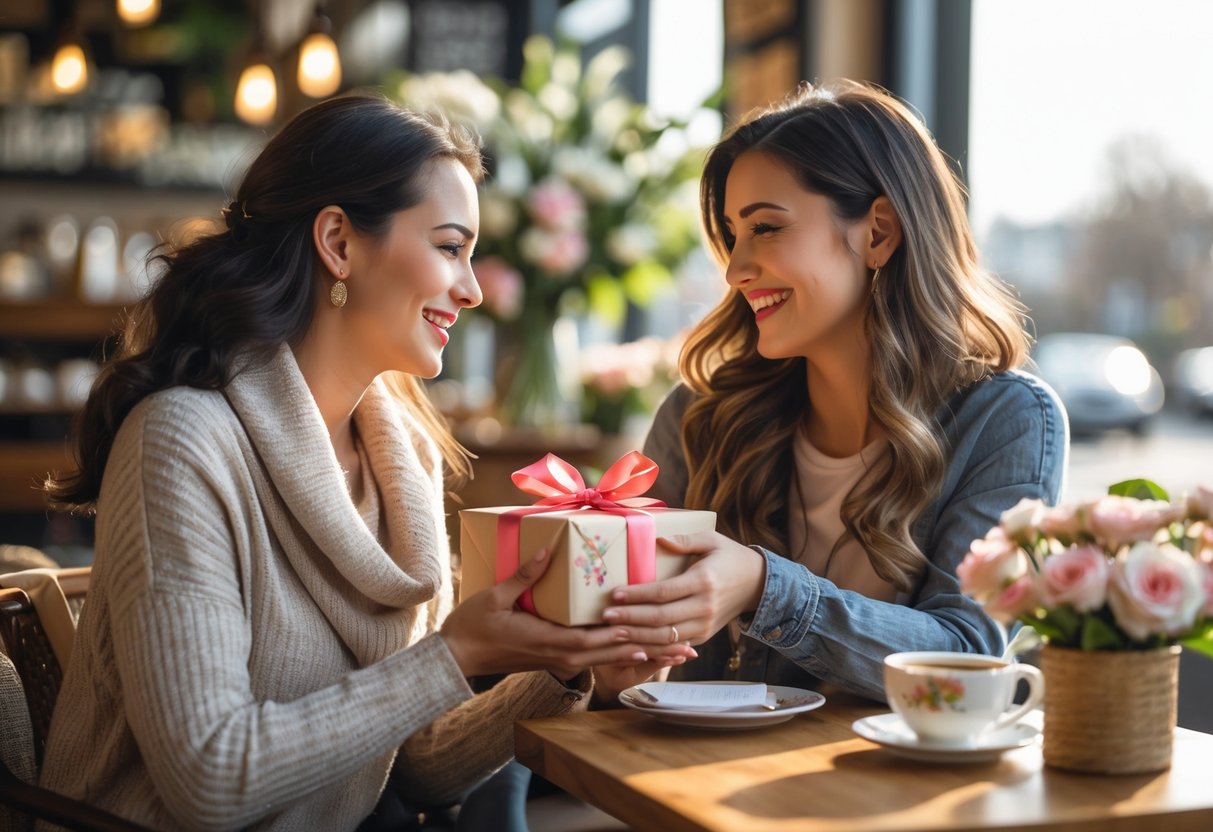 Two female friends sharing a heartfelt moment as one gives a gift to the other at a cozy cafe table.