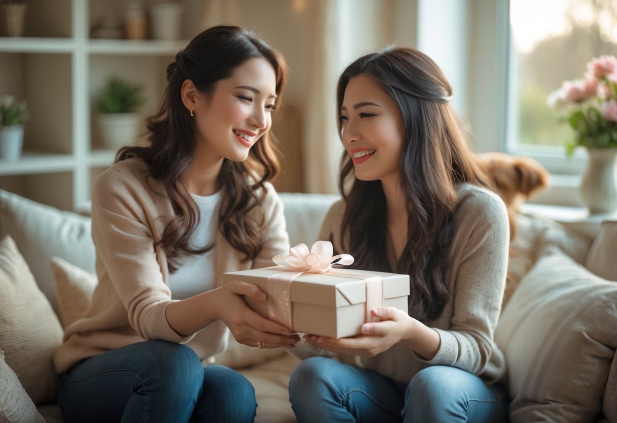 Two female friends in a cozy living room, one giving a wrapped gift to the other who looks pleasantly surprised.
