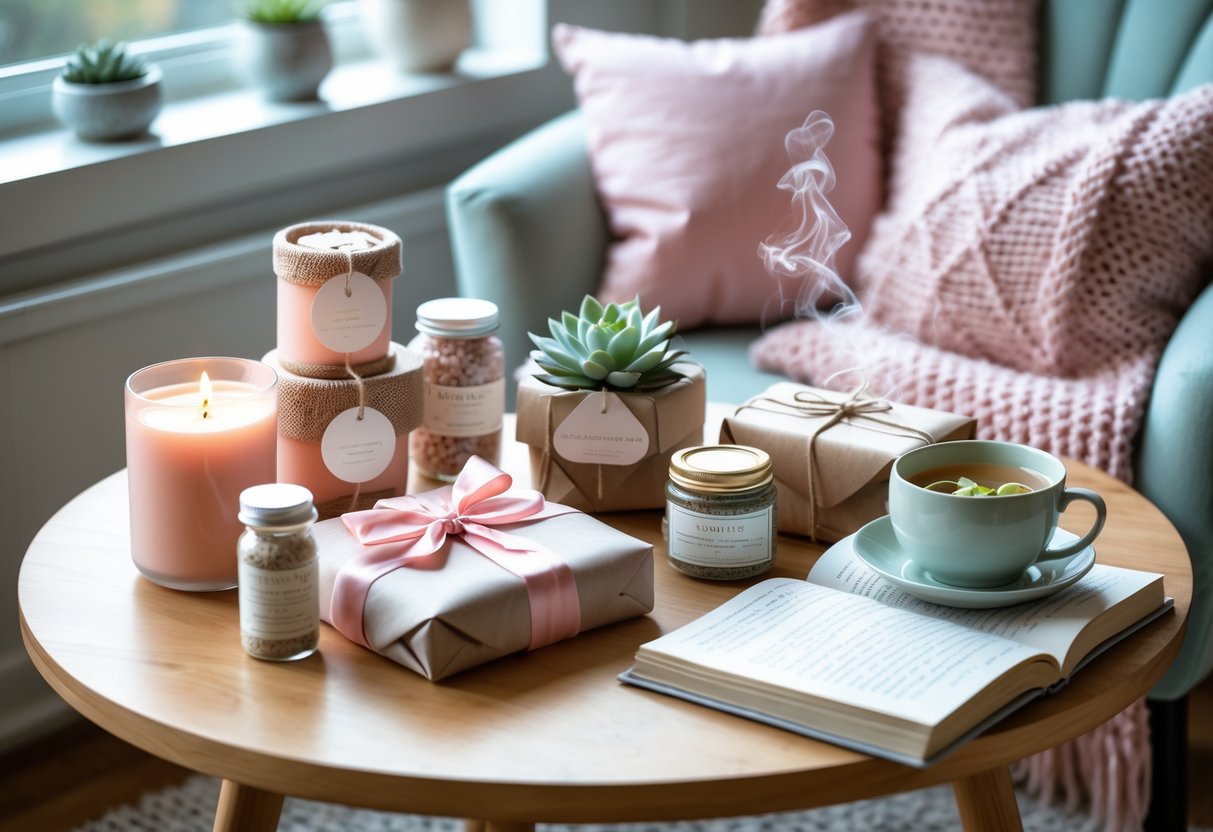 A cozy table with wellness gifts like candles, a potted plant, a journal, bath salts, and a cup of tea next to an open book in a softly lit room.