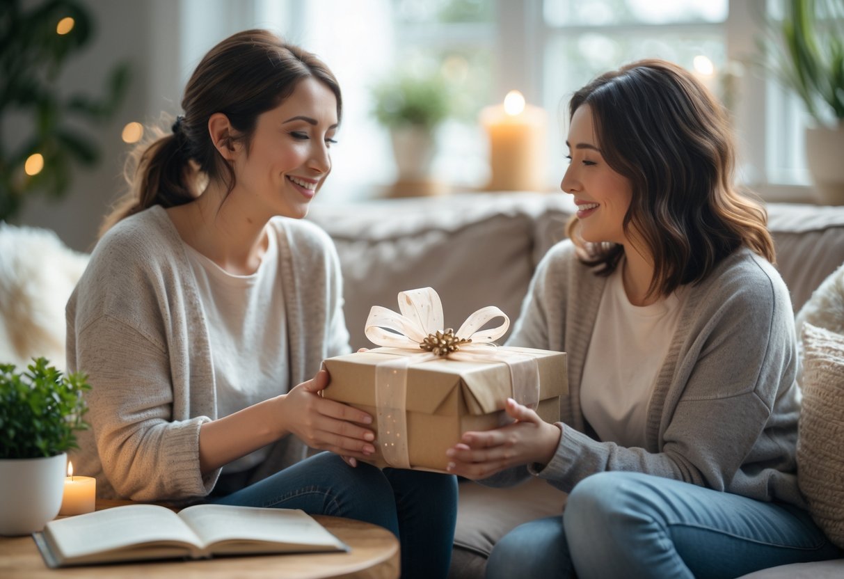 Two female friends in a cozy room, one giving a wrapped gift to the other, both smiling warmly and sharing a moment of support and encouragement.