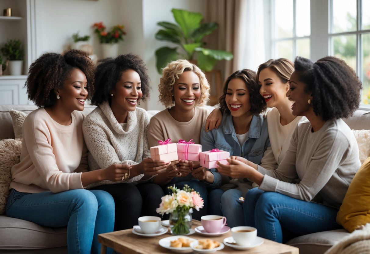 A group of female friends warmly celebrating together indoors, exchanging gifts and sharing supportive smiles.