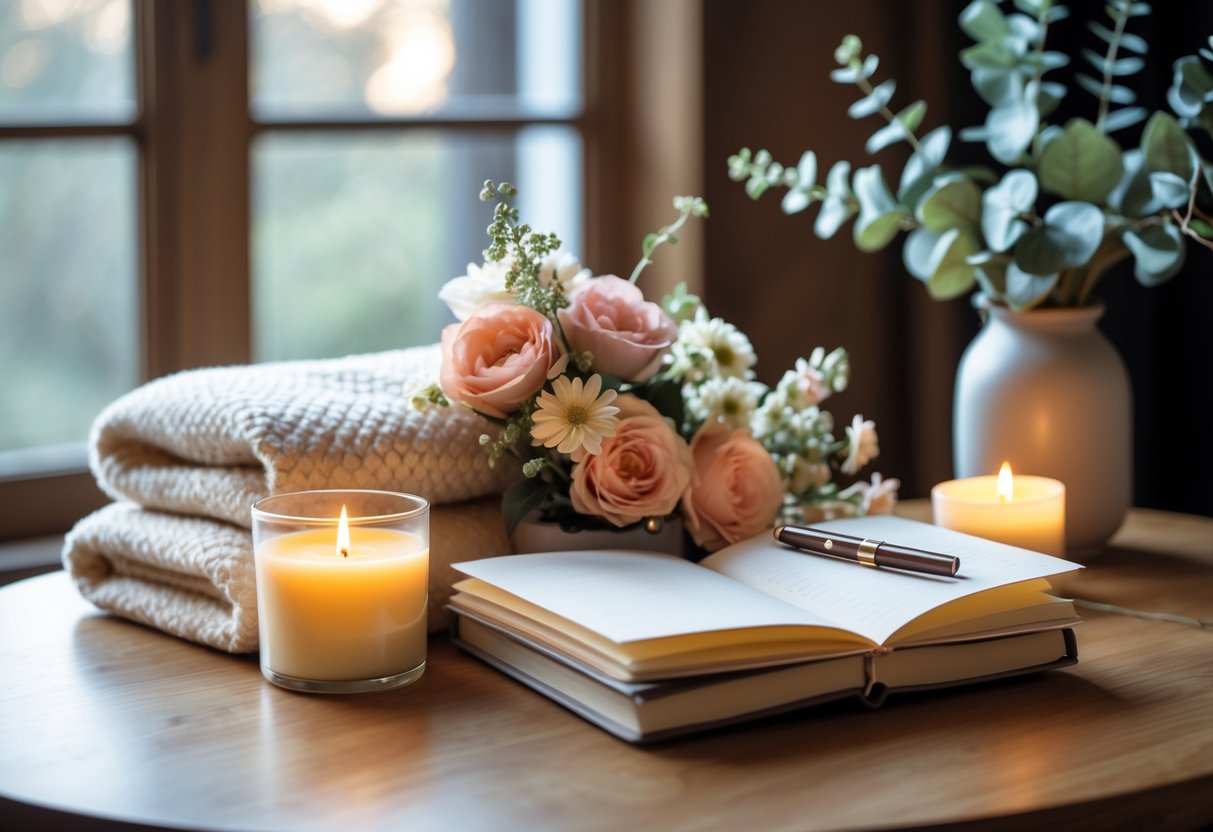 A peaceful arrangement of comforting gifts including a blanket, flowers, journal, and candle on a wooden table with soft natural light.
