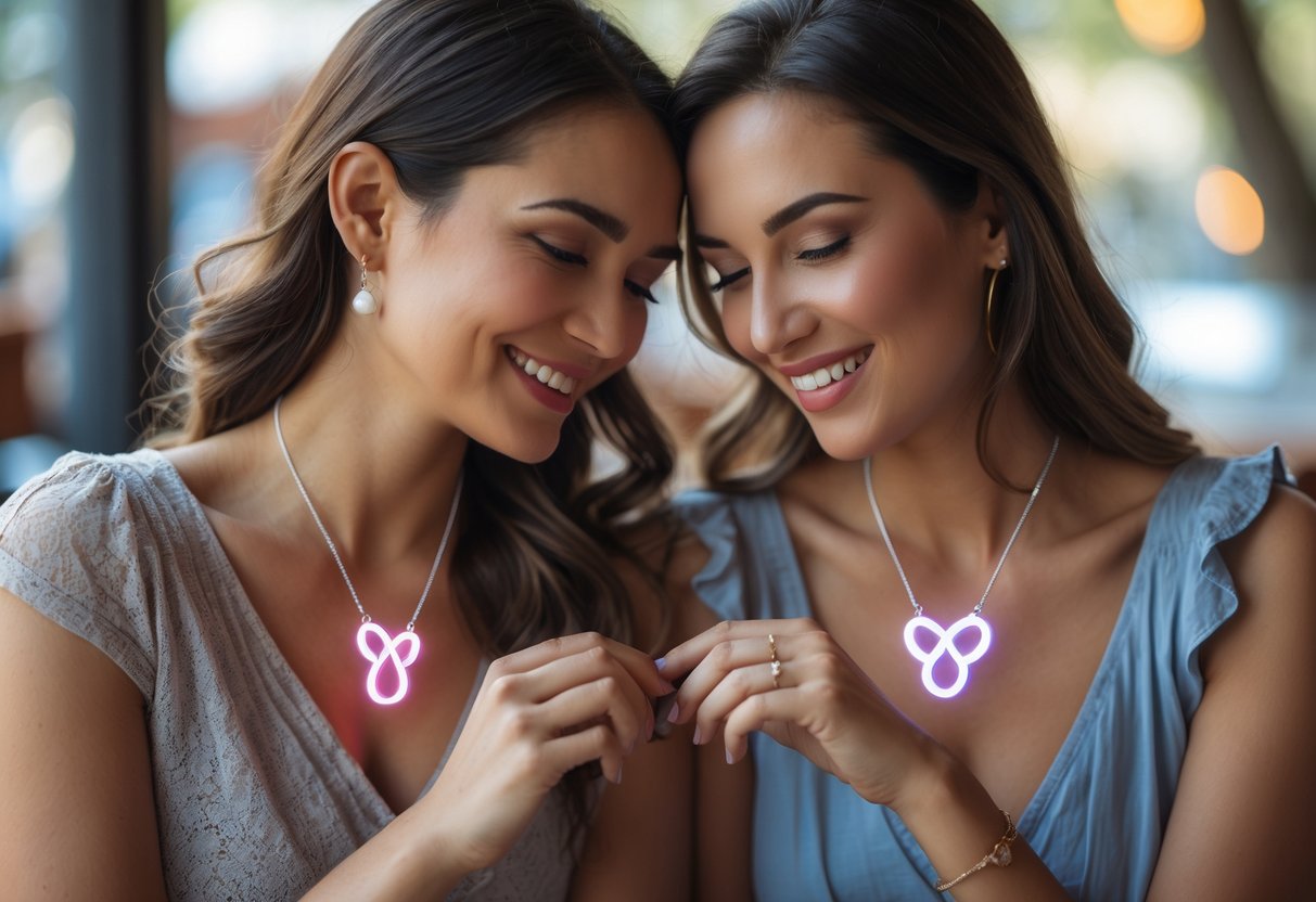 Two women sitting closely together, smiling and wearing matching friendship necklaces with interlocking pendants, gently touching the necklaces.