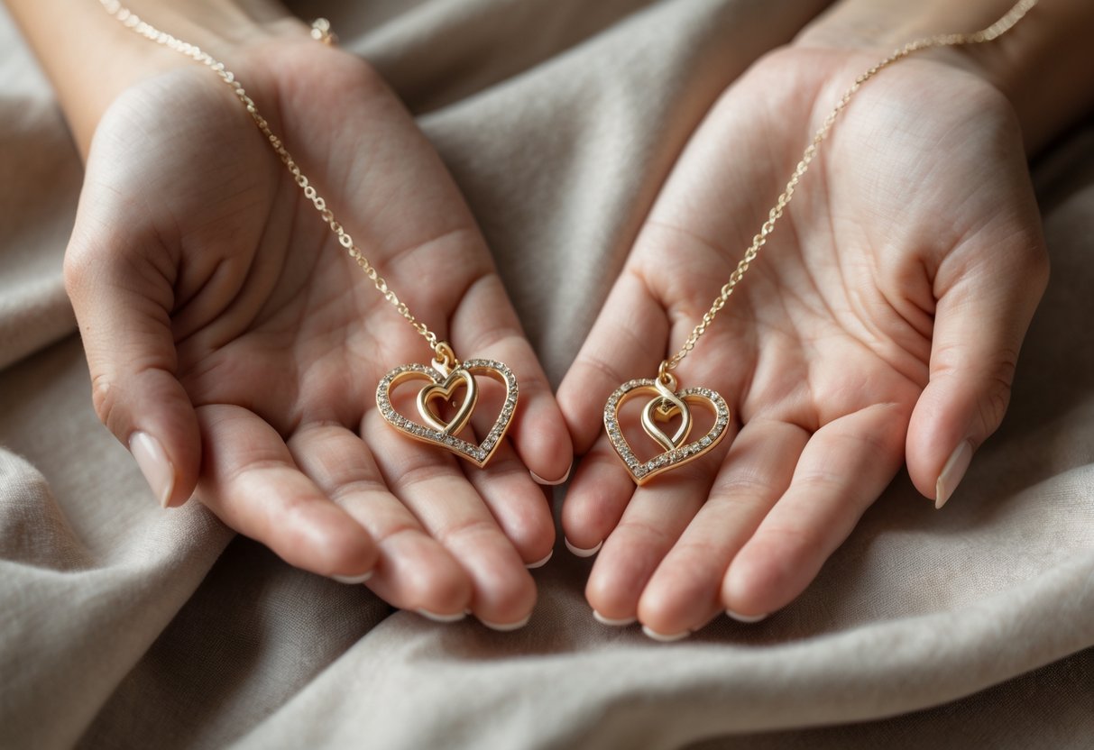 Two women's hands holding matching heart-shaped friendship necklaces on a soft fabric background.