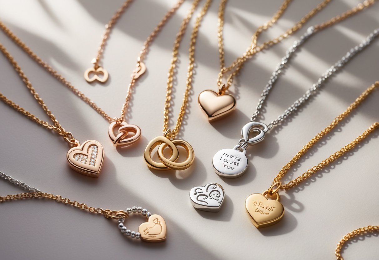 A collection of women's friendship necklaces with heart, infinity, and lock pendants arranged on a soft background.