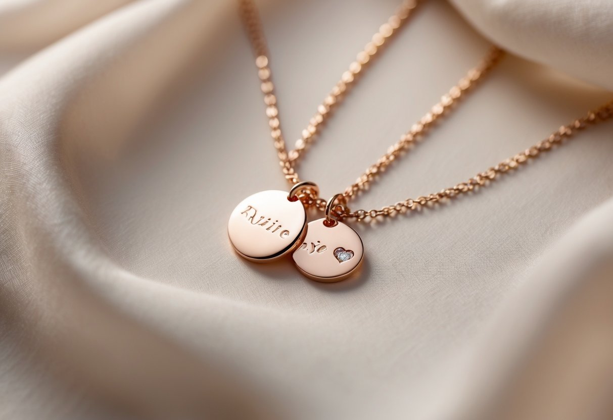 Two personalized women's friendship necklaces with engraved pendants and charms displayed together on a soft background.