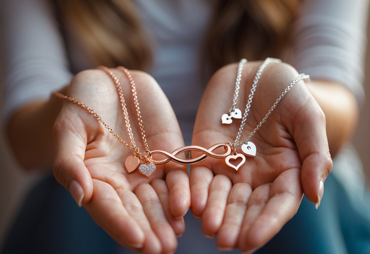 Two women holding intertwined friendship necklaces with heart and infinity charms.