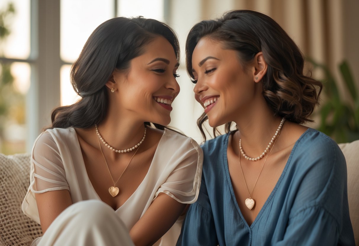 Two women sitting together, smiling and wearing friendship necklaces, sharing a joyful moment.