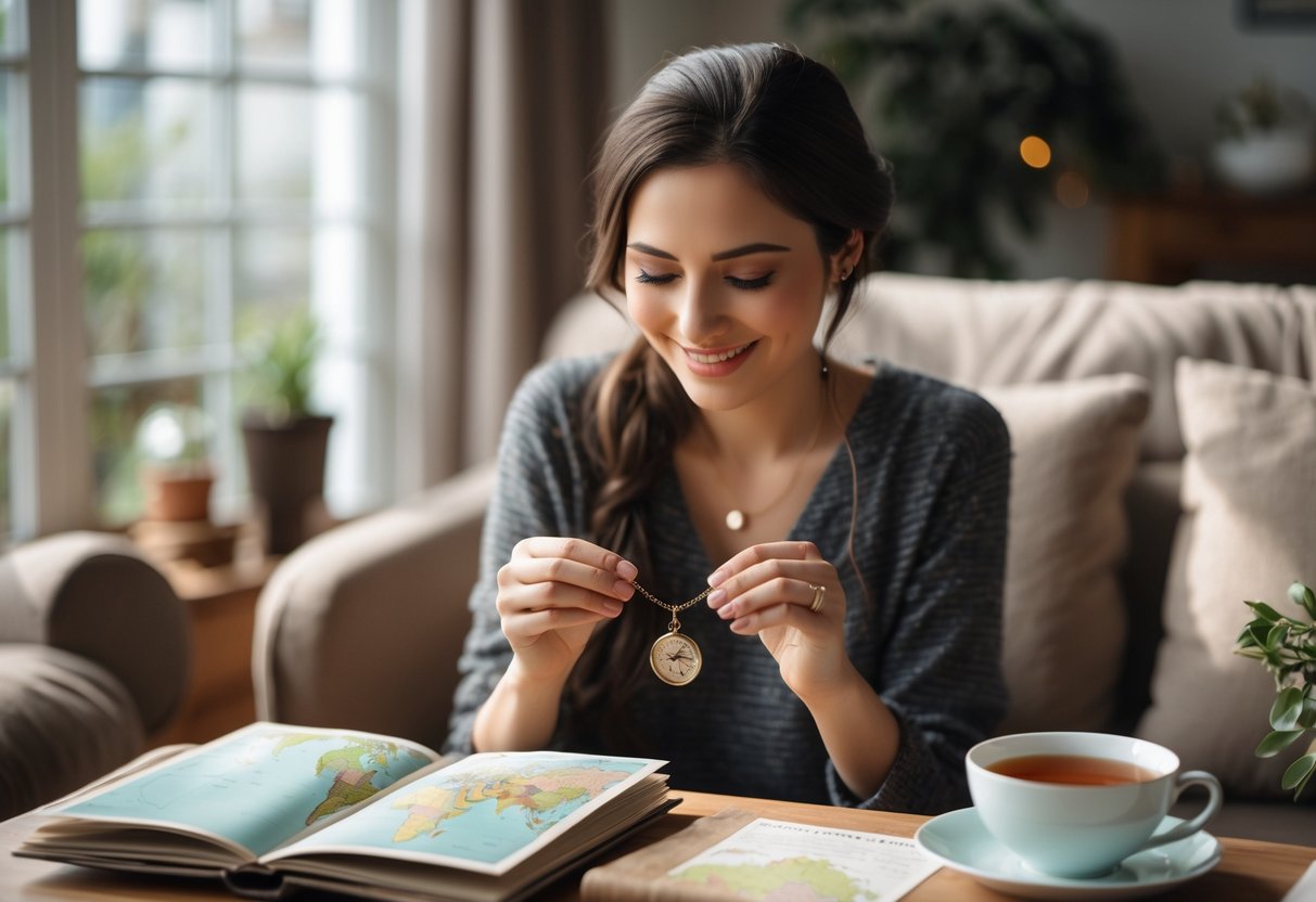 A woman smiling while holding a necklace with a compass pendant in a cozy living room with a map and travel journal nearby.