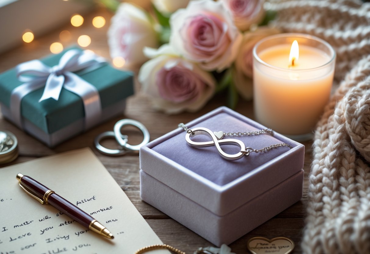 A collection of meaningful gifts including an infinity necklace, heart-shaped keychains, a glowing candle, fresh flowers, a handwritten letter, and a cozy scarf arranged on a wooden surface.
