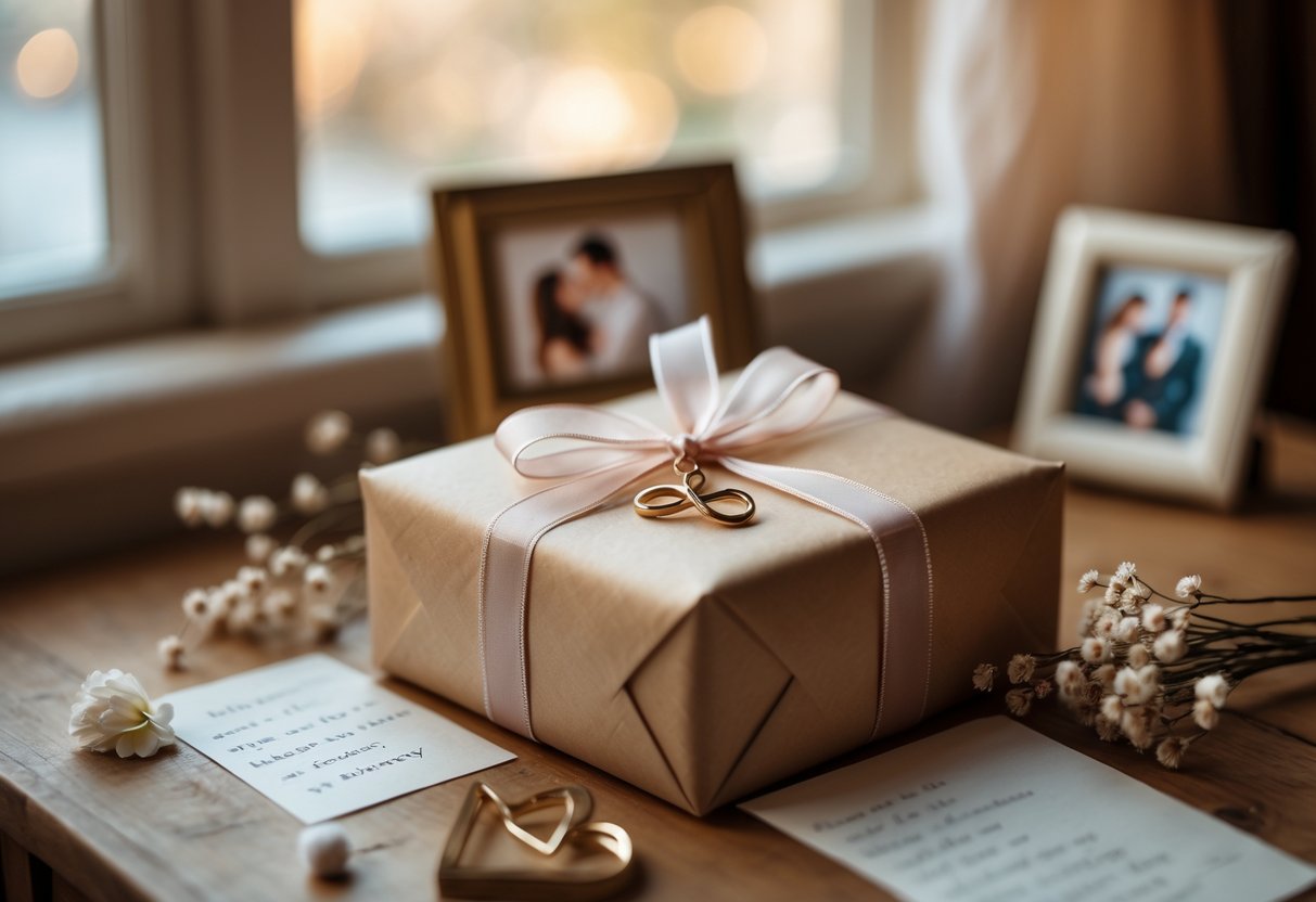A wrapped gift box with a ribbon and charm on a wooden table near a window, surrounded by a handwritten note, dried flowers, and a photo frame.