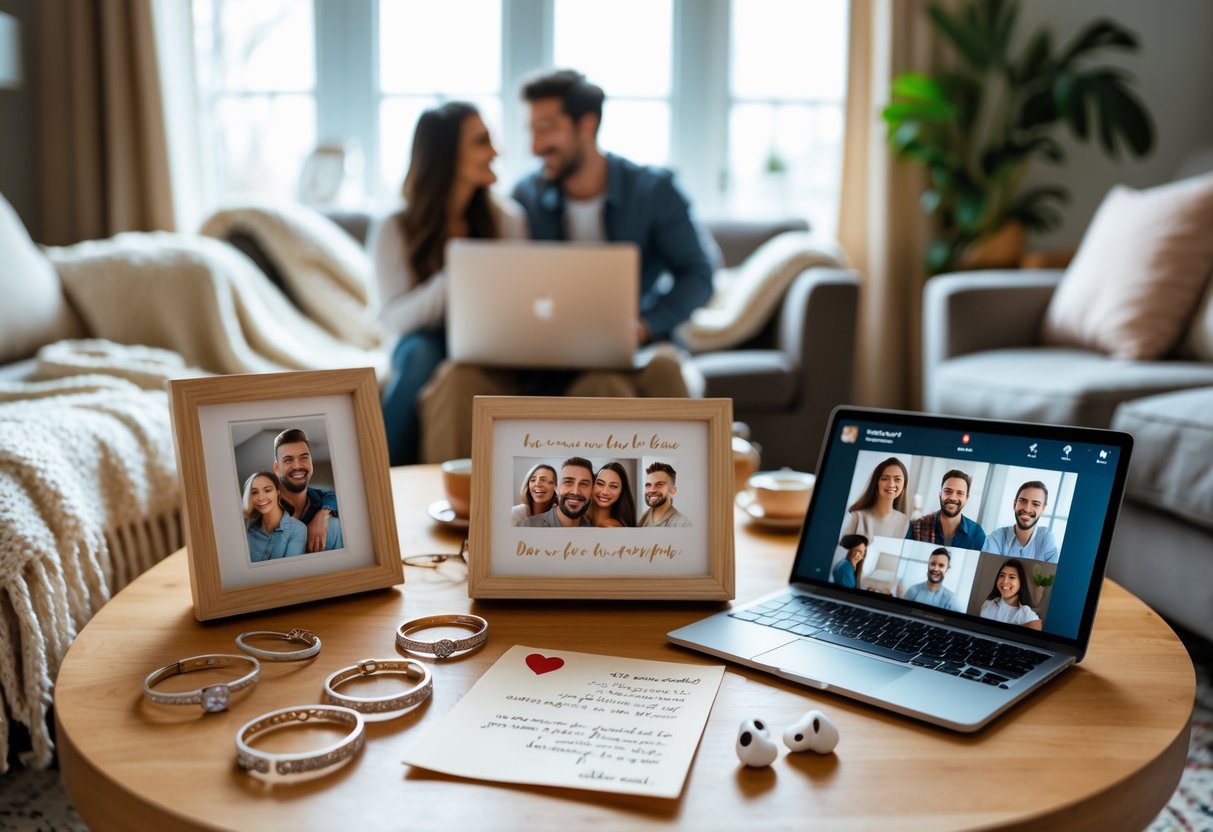 A cozy living room with a coffee table displaying long-distance relationship gifts like matching bracelets, a photo collage, a love letter, and wireless earbuds, while a couple video chats on a laptop in the background.
