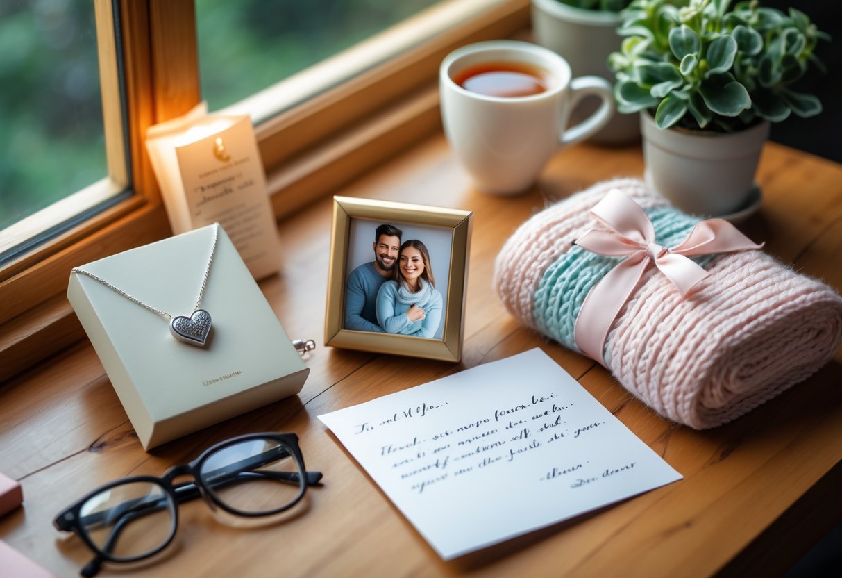 A collection of thoughtful gifts on a wooden table including a heart pendant necklace, a framed photo, a knitted scarf, and a handwritten note, with a cup of tea and a potted plant nearby.