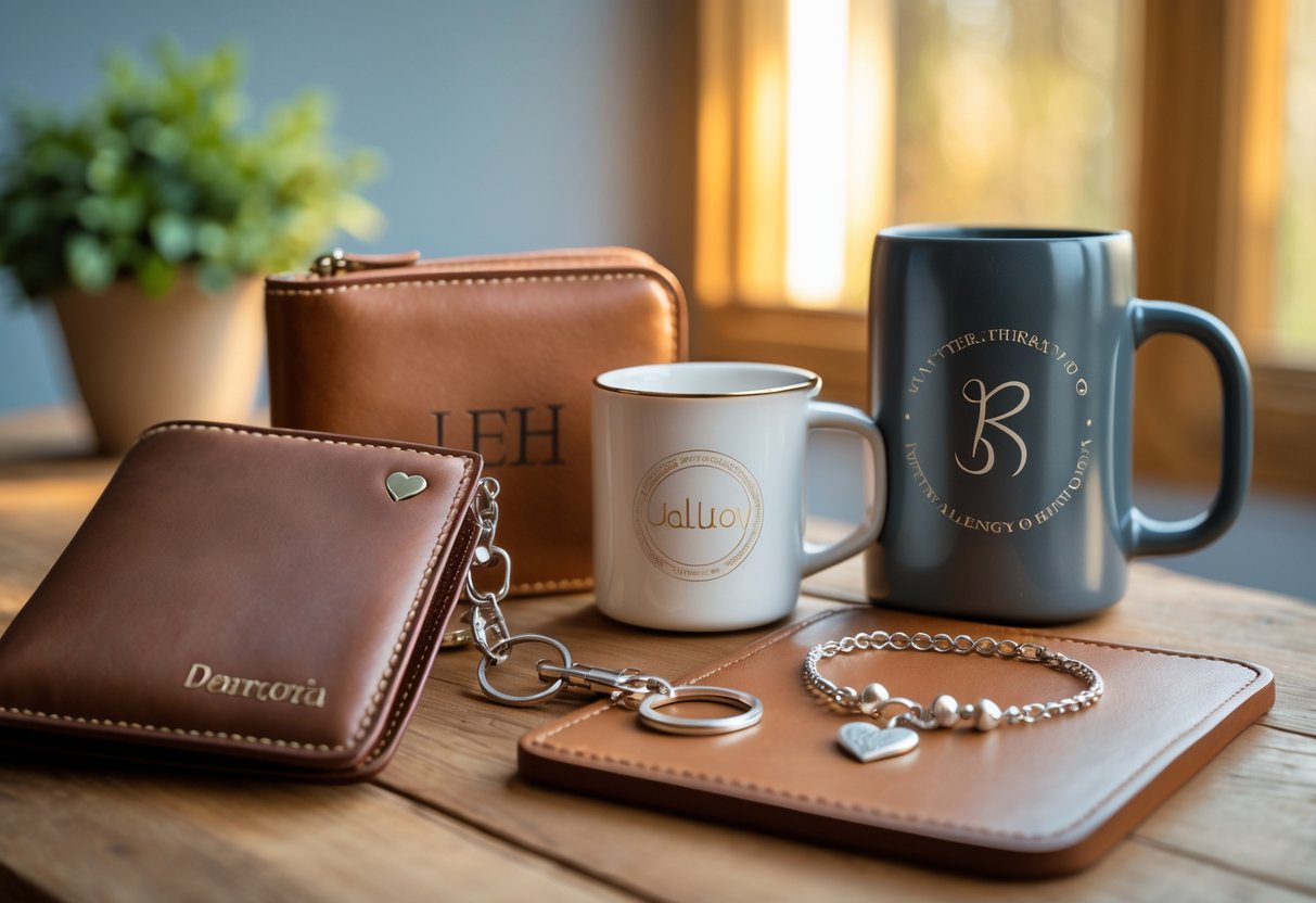 A wooden table displaying personalized everyday gift items including a leather wallet, engraved keychain, monogrammed travel mug, and silver bracelet with a heart charm, lit by natural light near a window.