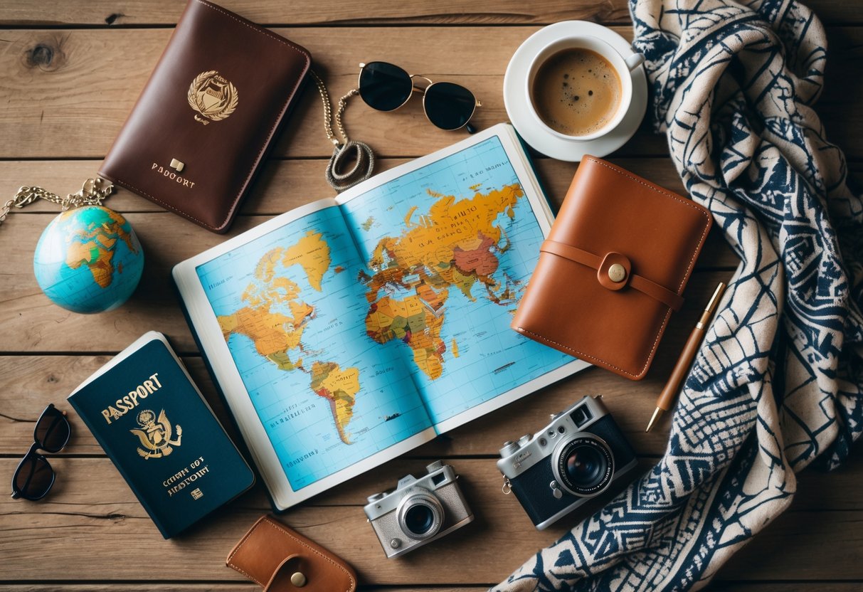 A flat lay of travel-themed gifts including a passport holder, world map necklace, travel journal, scarf, camera, small globe, sunglasses, and coffee cup on a wooden table.