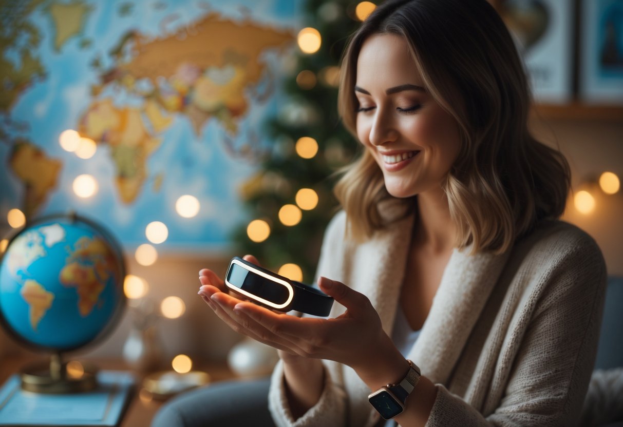 A woman smiling as she holds a glowing smart wearable gift in a cozy room with travel items in the background.