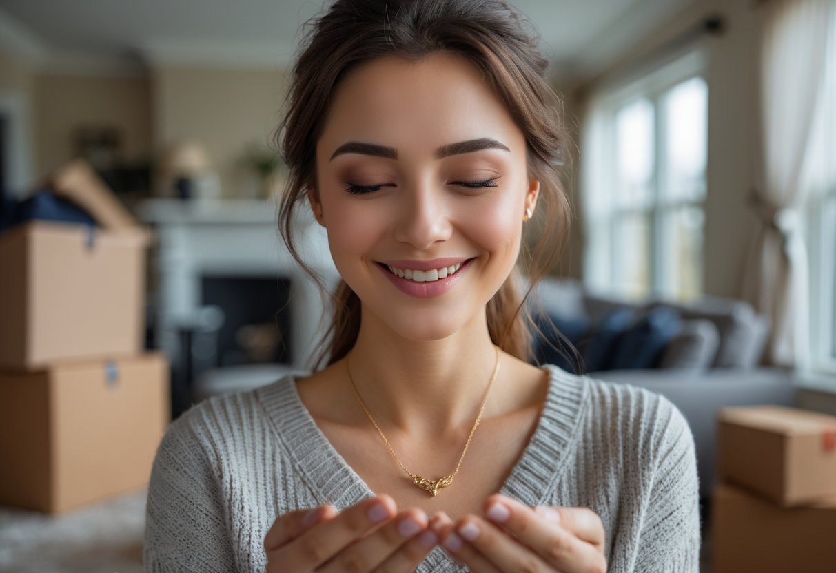 A woman smiling as she holds a delicate necklace, with moving boxes in the background.