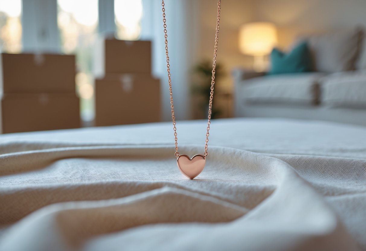 A heart-shaped necklace resting on fabric with moving boxes and a cozy living space in the background.