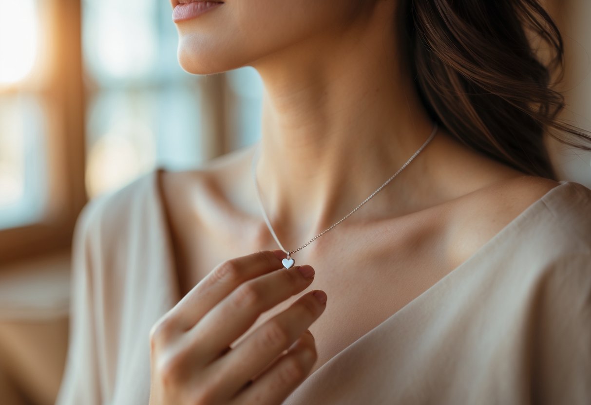 Close-up of a woman holding a delicate necklace near her neck in a softly lit indoor setting.
