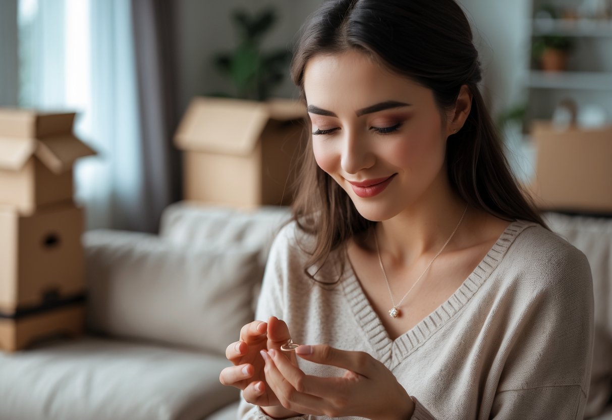 A young woman receiving a necklace as a gift in a cozy living room with moving boxes in the background.