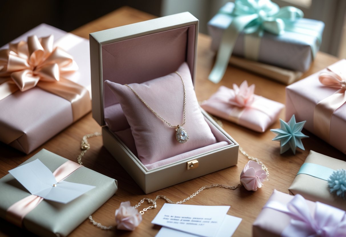 An open jewelry box with a necklace inside, surrounded by gift wrapping materials on a wooden table, with packed boxes in the background.