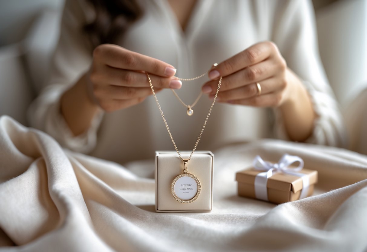 Close-up of a delicate necklace on soft fabric with a woman holding a small gift box in the background.
