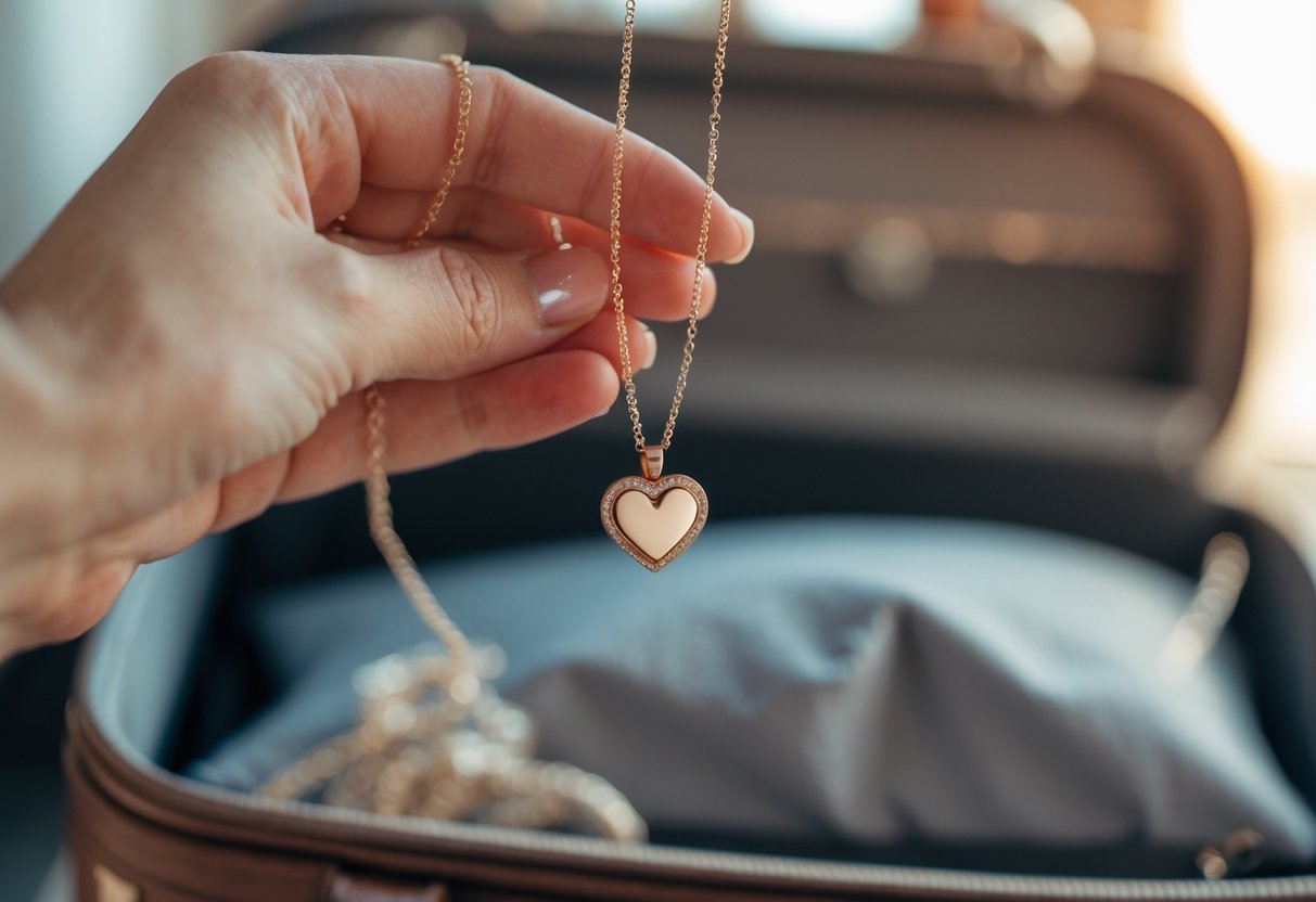 A woman holding a heart-shaped necklace near a packed suitcase, symbolizing a meaningful gift during moving.