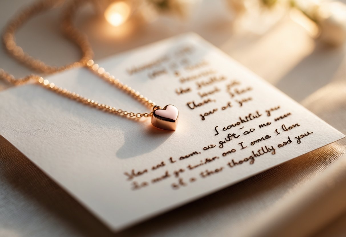 Close-up of a delicate heart-shaped necklace resting beside a handwritten note on a wooden surface.