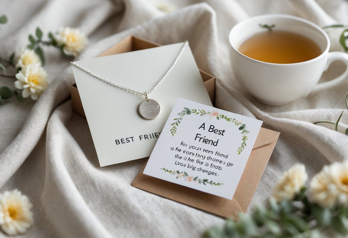 A silver necklace with a charm next to a message card on a soft fabric background, surrounded by flowers and a cup of tea.