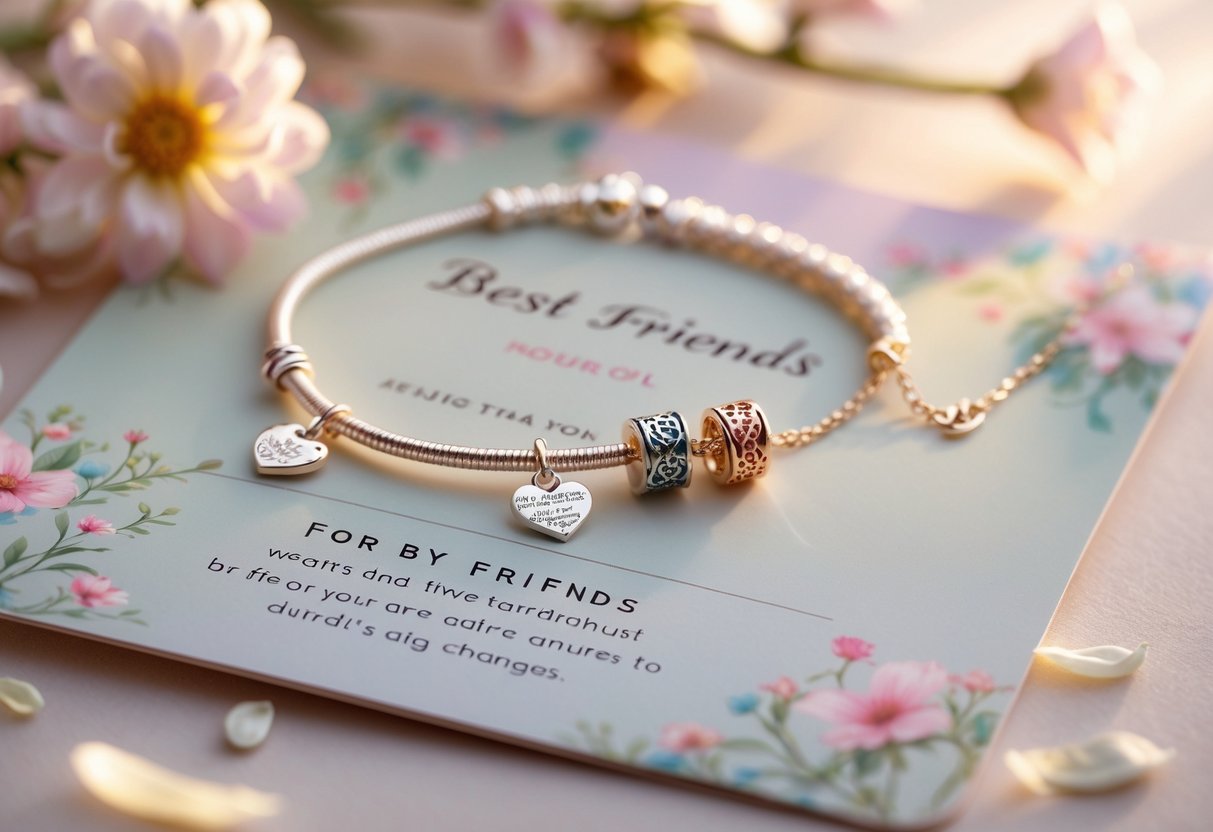 Close-up of a bracelet and necklace displayed on a pastel card with floral accents, symbolizing friendship and support.