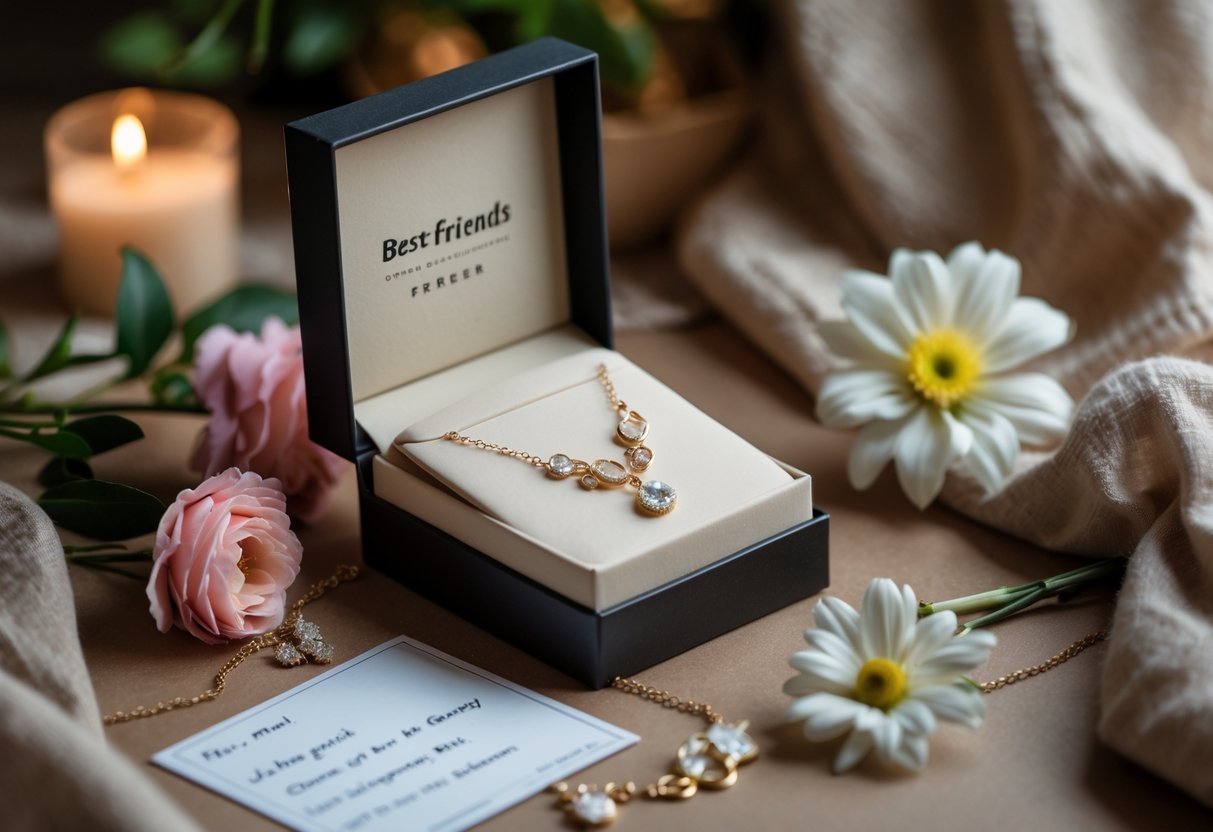 A gift box with delicate jewelry and a message card surrounded by flowers on a warm, cozy surface.