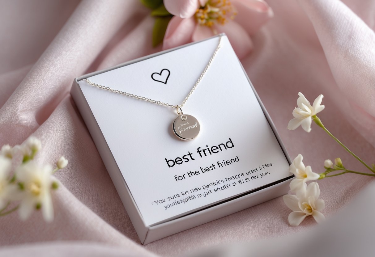 A silver necklace with a charm displayed next to a blank message card on a soft pastel fabric, surrounded by small flowers.