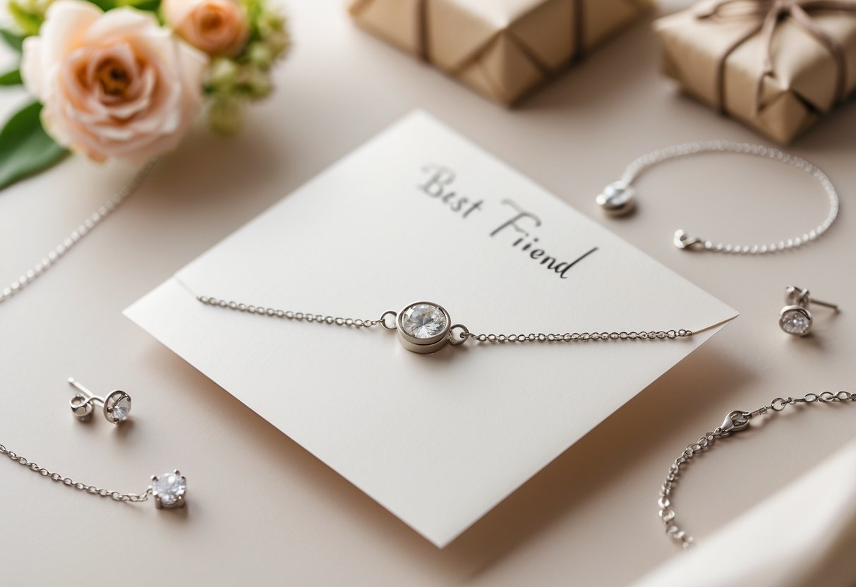 A greeting card surrounded by jewelry and flowers on a soft surface, symbolizing celebration of important life events and friendship.