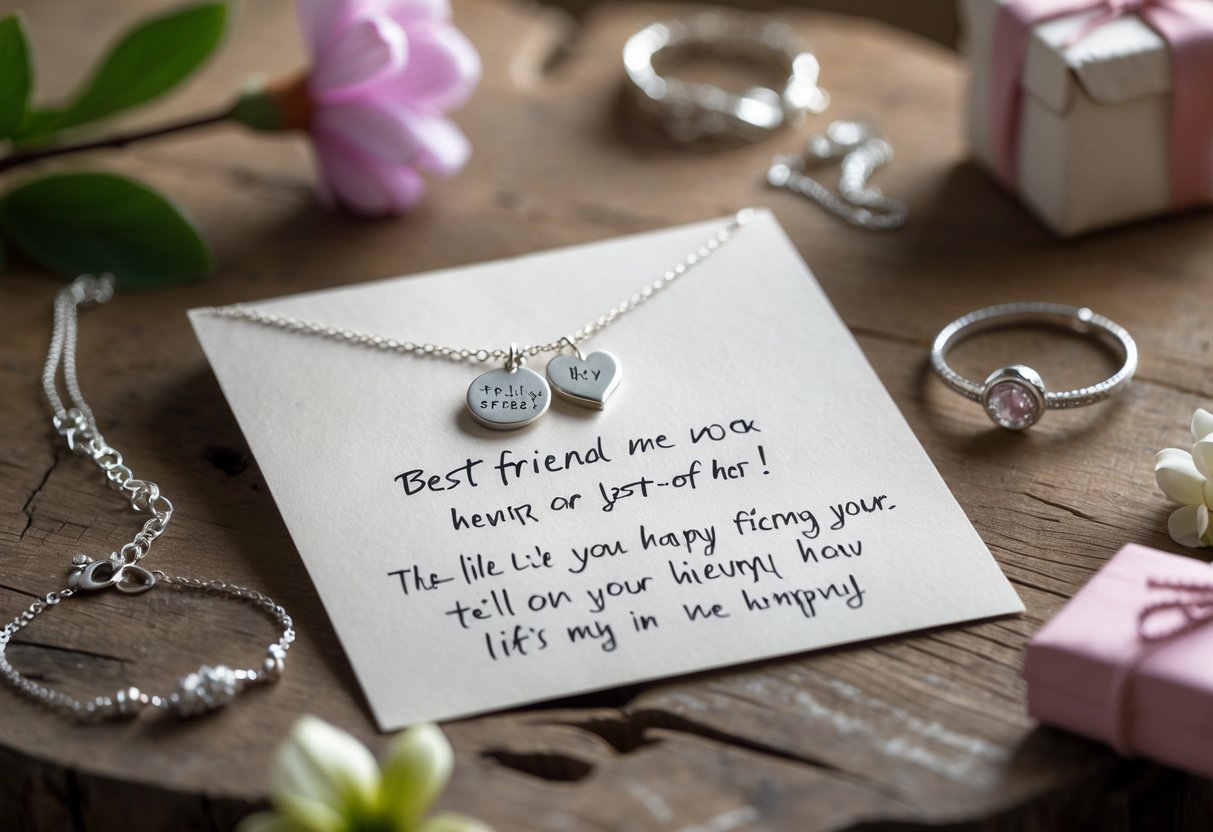 A handwritten message card surrounded by elegant jewelry on a wooden table with a blooming flower and a small gift box nearby.