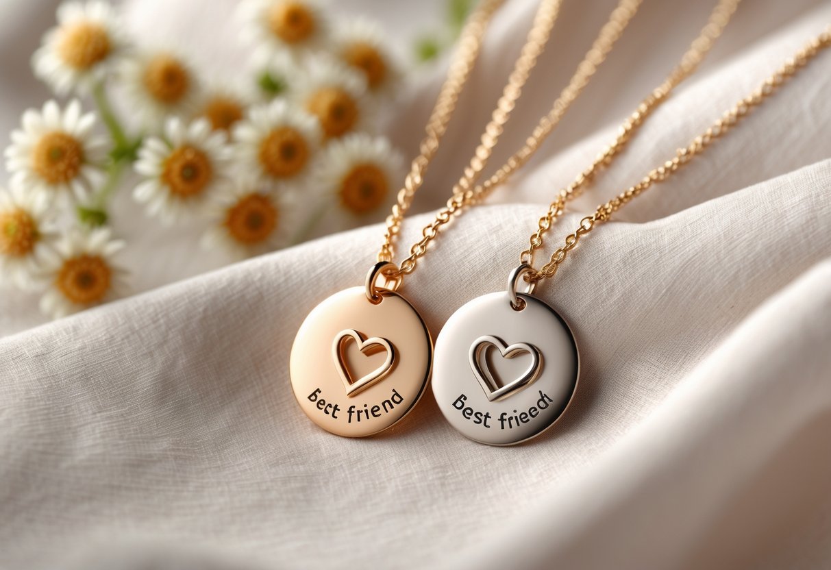 Two best friend necklaces with delicate pendants arranged on soft fabric alongside small flowers.