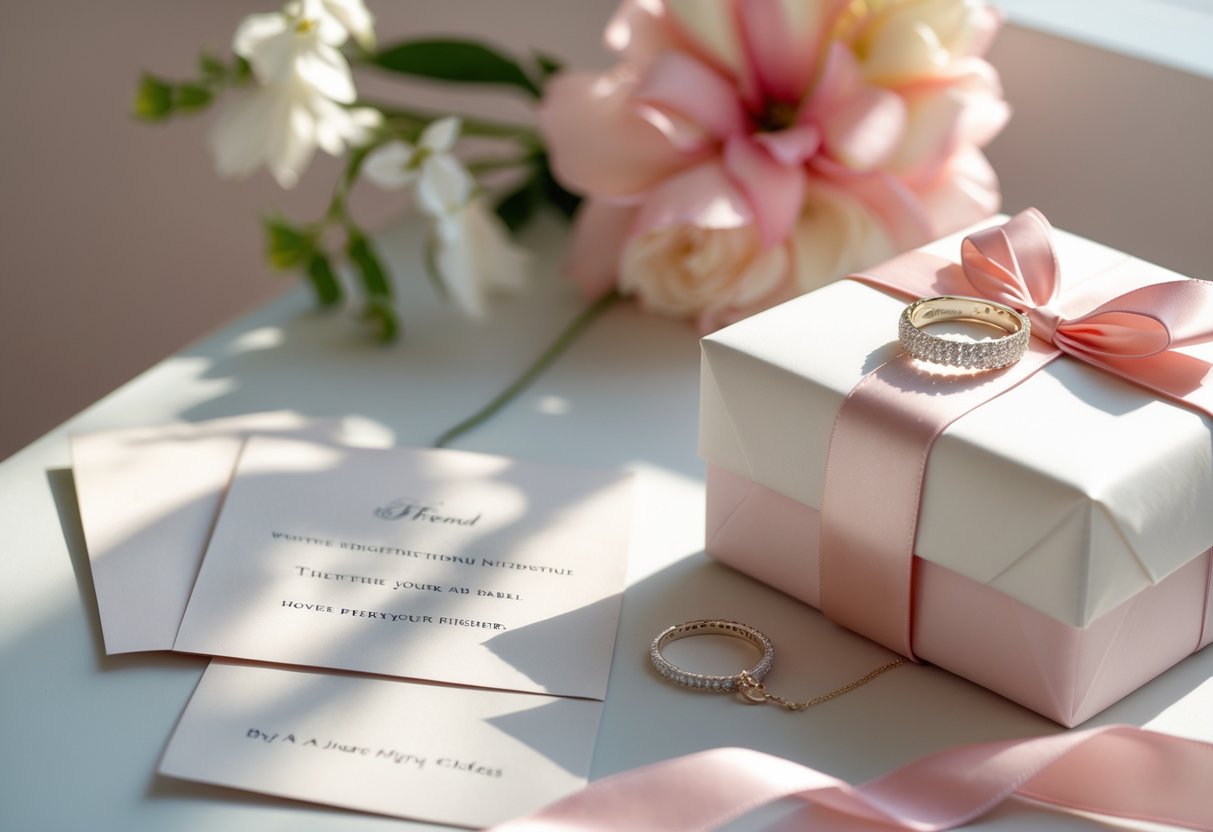 A neatly wrapped jewelry box with a ribbon and a personalized message card on a light surface, surrounded by flowers.