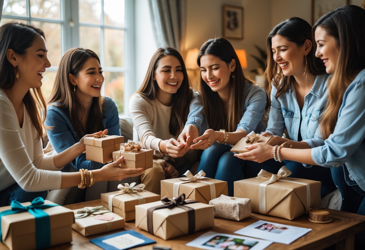 A group of women friends gathered around a table exchanging farewell gifts in a cozy living room.