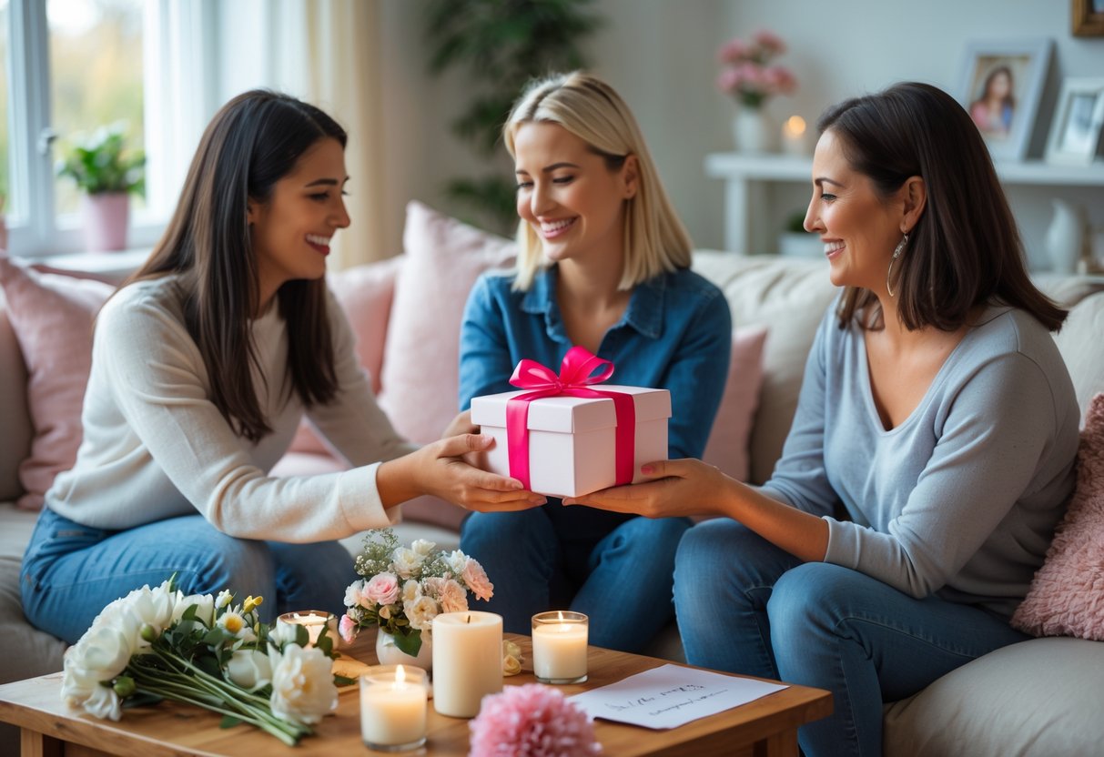 A group of women friends exchanging farewell gifts in a cozy living room, showing warm and emotional expressions.