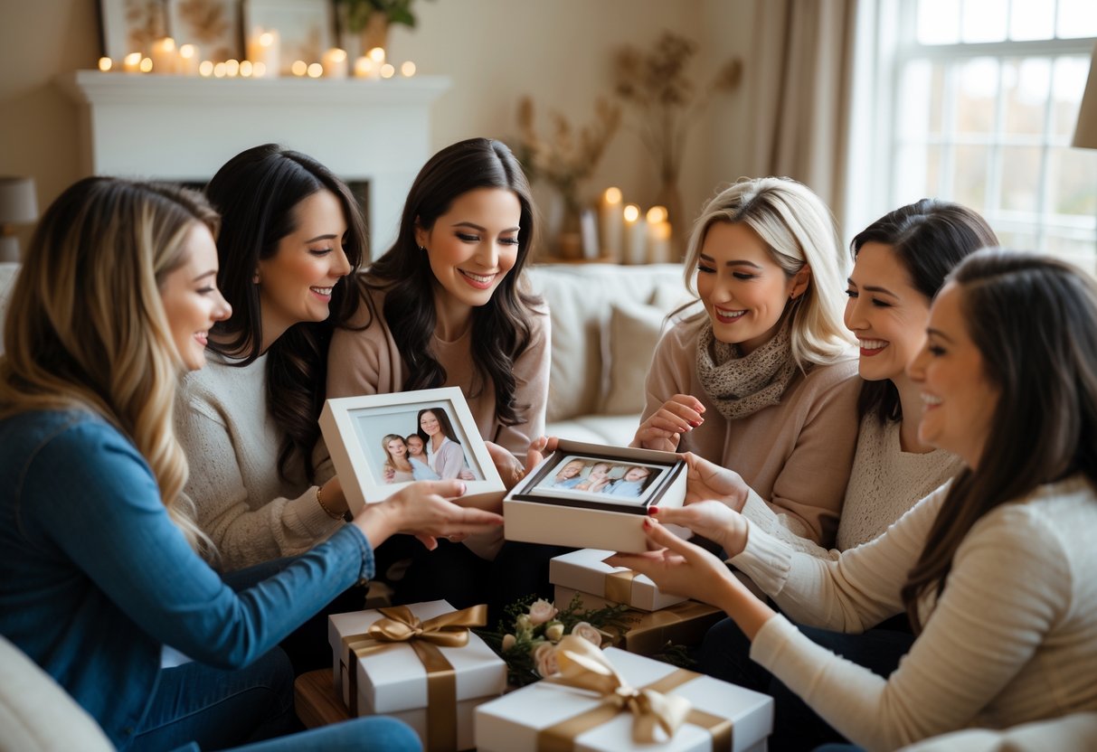 A group of women friends exchanging personalized gifts and smiling warmly in a cozy living room.