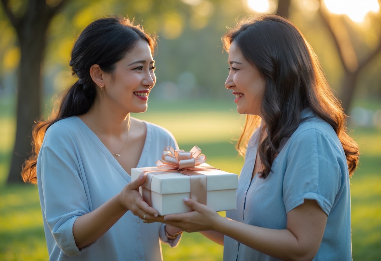 Two women friends outdoors exchanging a heartfelt gift during a goodbye moment, surrounded by trees and soft sunlight.