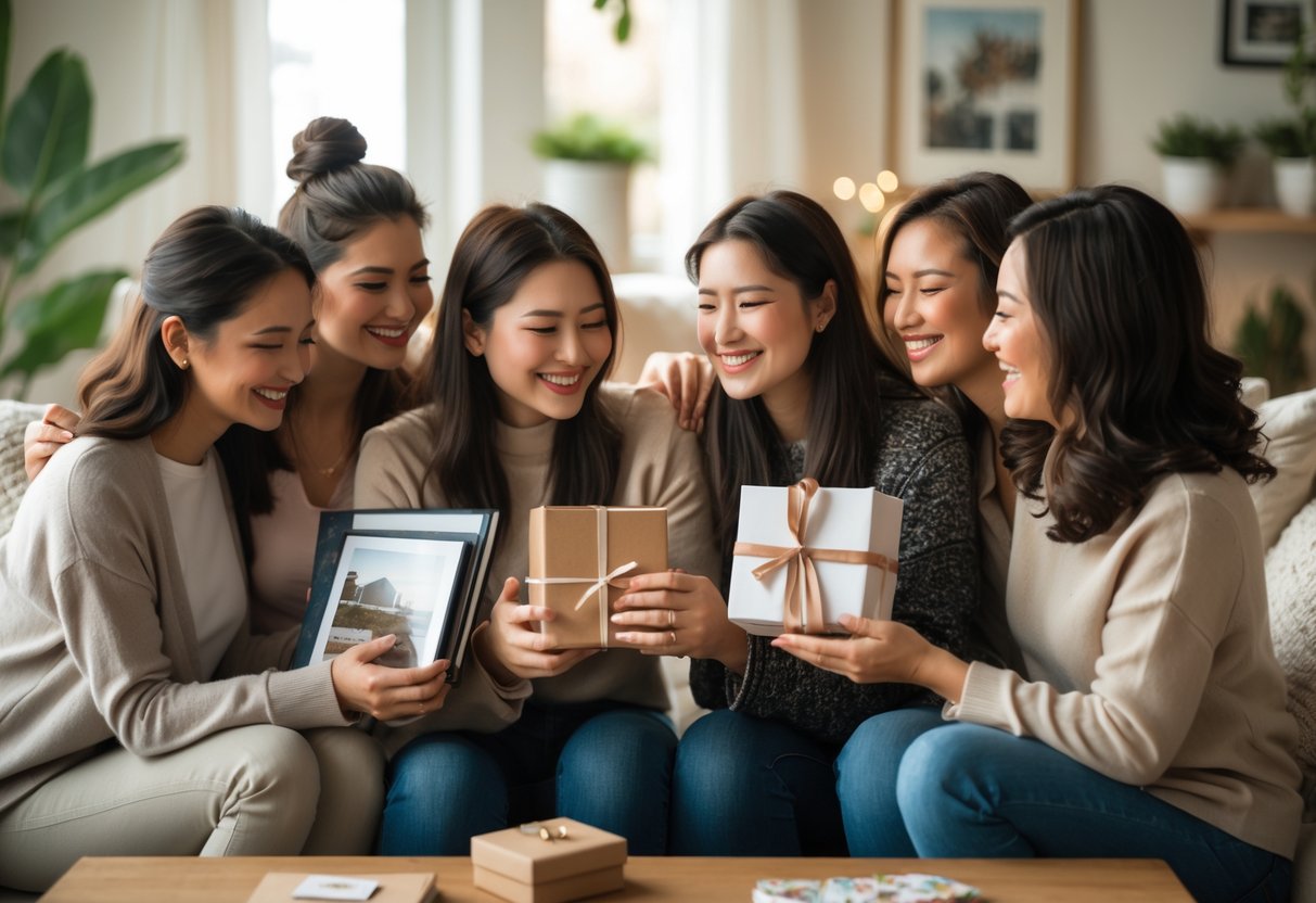 A group of women friends sharing heartfelt gifts and embracing in a cozy living room, expressing emotions as one prepares to move away.