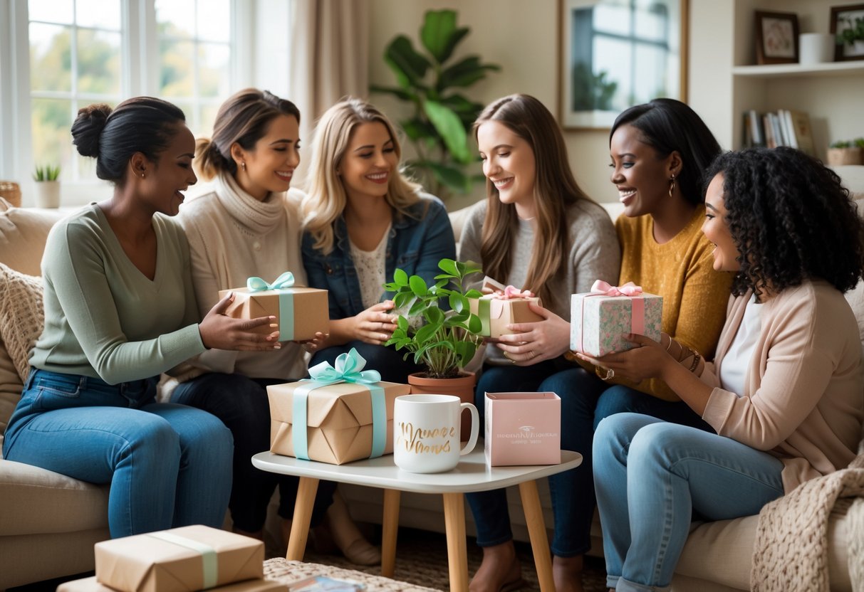 A group of women in a cozy living room exchanging gifts and hugging as one prepares to move away.