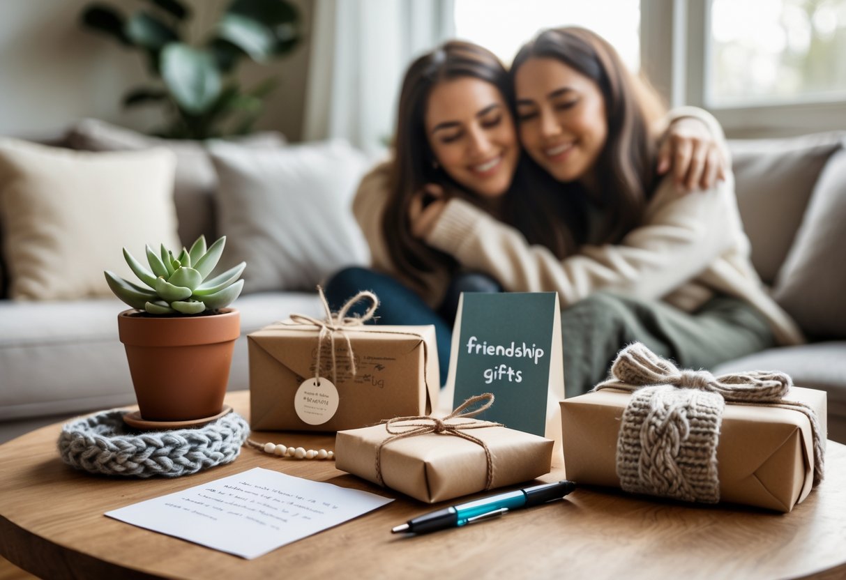 Two women hugging warmly in a cozy living room with a table displaying small farewell gifts including a plant, bracelet, card, scarf, and wrapped box.