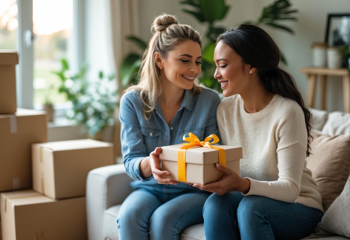 Two women in a living room exchanging a wrapped gift with moving boxes in the background.