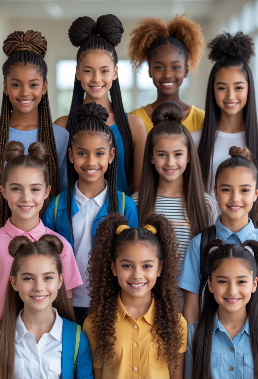 Ten teenage girls with different hairstyles posing together indoors, smiling and looking confident.