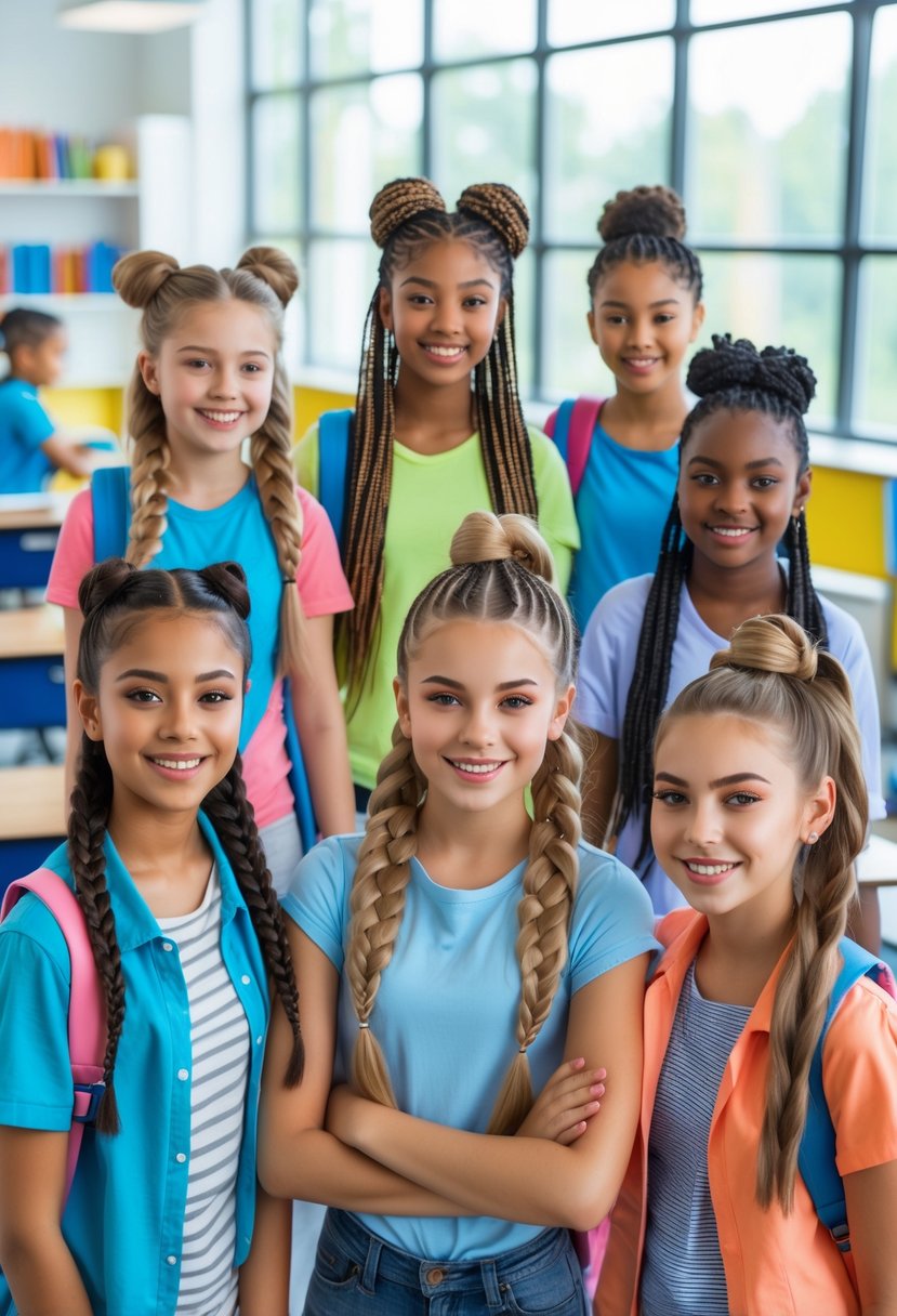 Ten teenage girls with different braided hairstyles in a bright classroom setting.